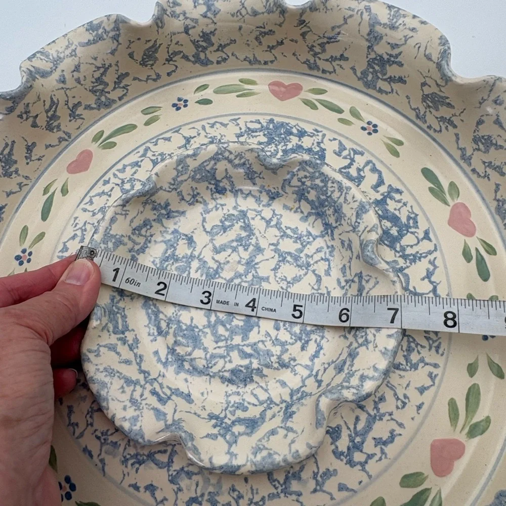 Vintage Floral Scalloped Pottery  Chip and Dip Platter with Hearts